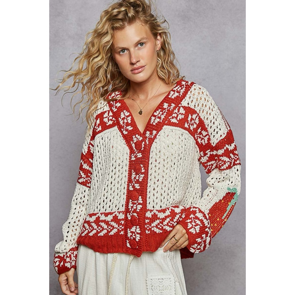 POL Cream Red Fair Isle Button Front Sweater Cardigan Strawberry Elbow Knit - Picture 2 of 9